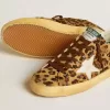 Super-Star LTD voor dames in ponyhuid met luipaardprint, met leren ster en hiellip.