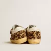 Super-Star LTD voor dames in ponyhuid met luipaardprint, met leren ster en hiellip.