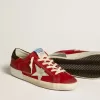 Super-Star LTD voor dames in rood nubuck met leren ster en glitter hielstuk