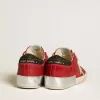 Super-Star LTD voor dames in rood nubuck met leren ster en glitter hielstuk