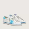 Super-Star LTD voor dames in wit leer met lichtblauwe leren ster en hielstuk.
