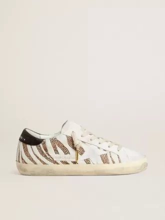 Super-Star LTD voor dames in wit ponyleer met bruine glitter en witte suède ster