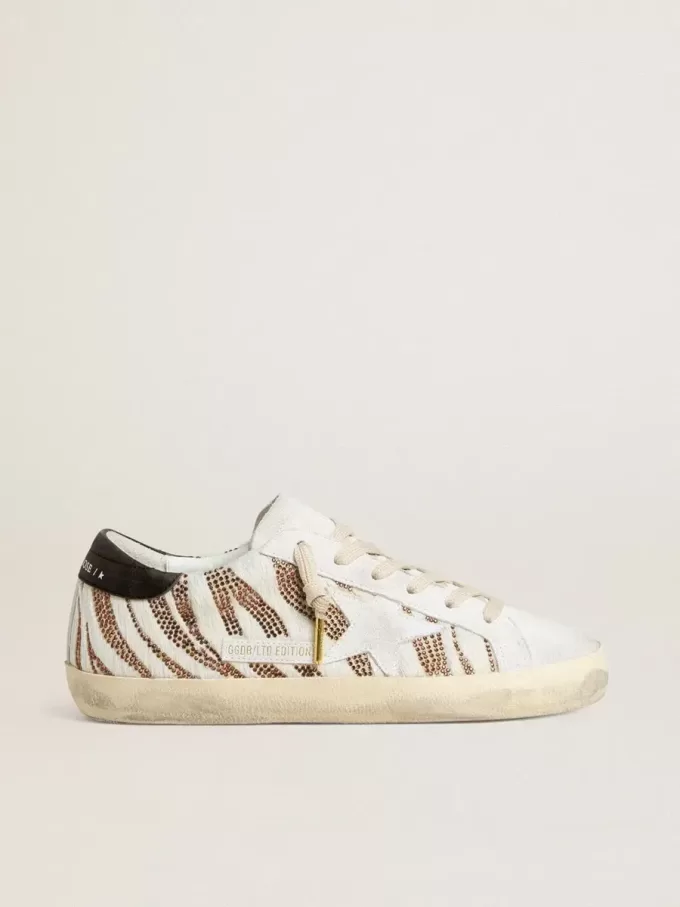 Super-Star LTD voor dames in wit ponyleer met bruine glitter en witte suède ster