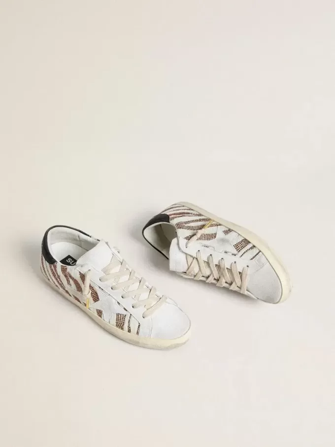 Super-Star LTD voor dames in wit ponyleer met bruine glitter en witte suède ster