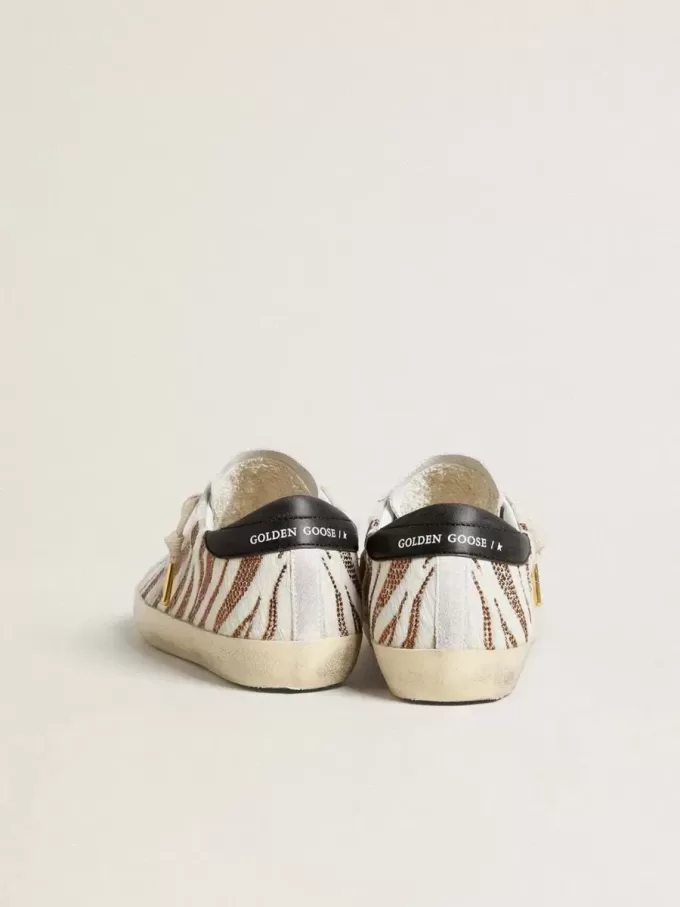 Super-Star LTD voor dames in wit ponyleer met bruine glitter en witte suède ster