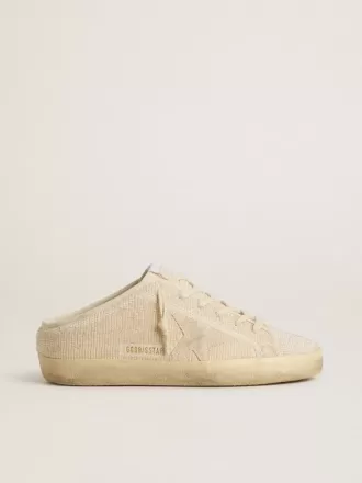 Super-Star Sabot voor dames in beige canvas met geborduurde kralen en beige suède ster