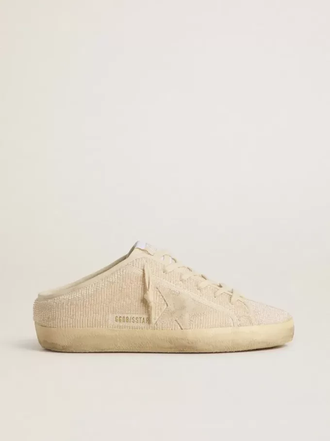 Super-Star Sabot voor dames in beige canvas met geborduurde kralen en beige suède ster