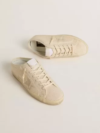 Super-Star Sabot voor dames in beige canvas met geborduurde kralen en beige suède ster