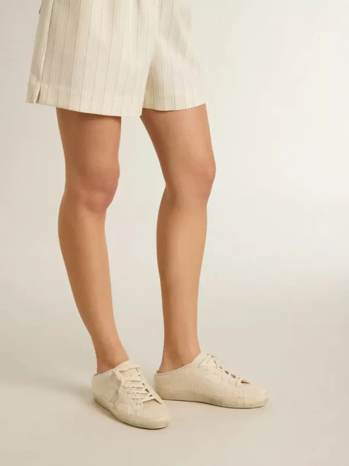 Super-Star Sabot voor dames in beige canvas met geborduurde kralen en beige suède ster