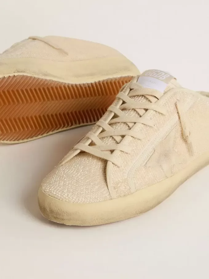 Super-Star Sabot voor dames in beige canvas met geborduurde kralen en beige suède ster