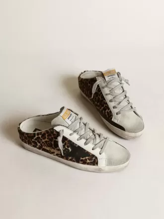 Super-Star Sabot voor dames in ponyhuid met luipaardprint en zwarte ster
