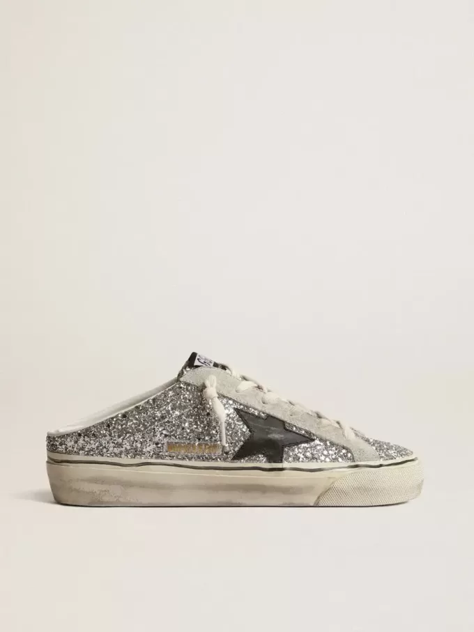 Super-Star Sabot voor dames in zilver glitter met zwarte leren ster
