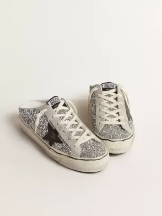Super-Star Sabot voor dames in zilver glitter met zwarte leren ster