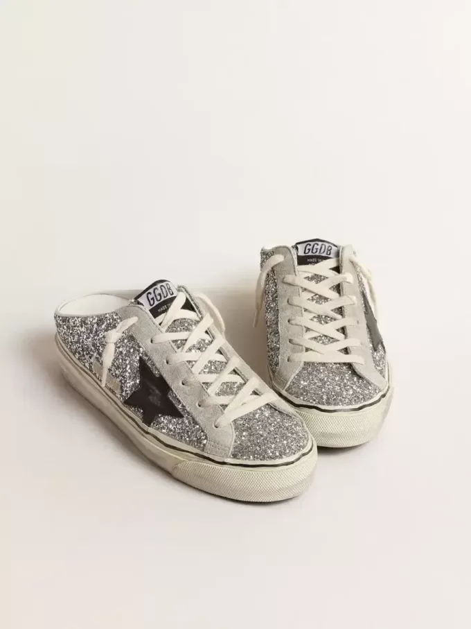 Super-Star Sabot voor dames in zilver glitter met zwarte leren ster