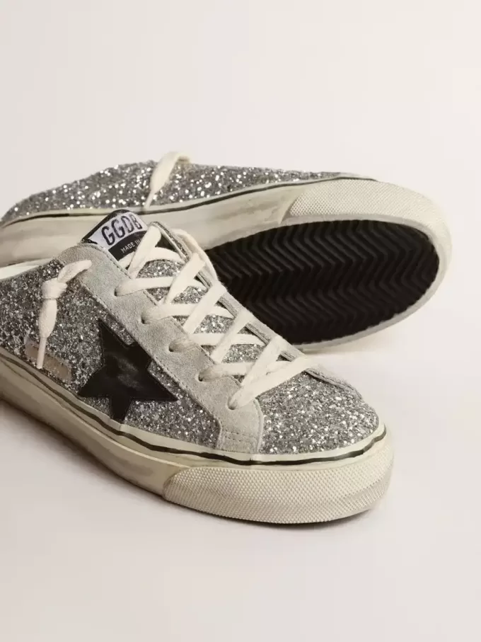 Super-Star Sabot voor dames in zilver glitter met zwarte leren ster