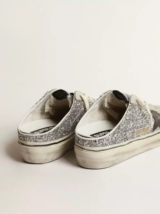 Super-Star Sabot voor dames in zilver glitter met zwarte leren ster