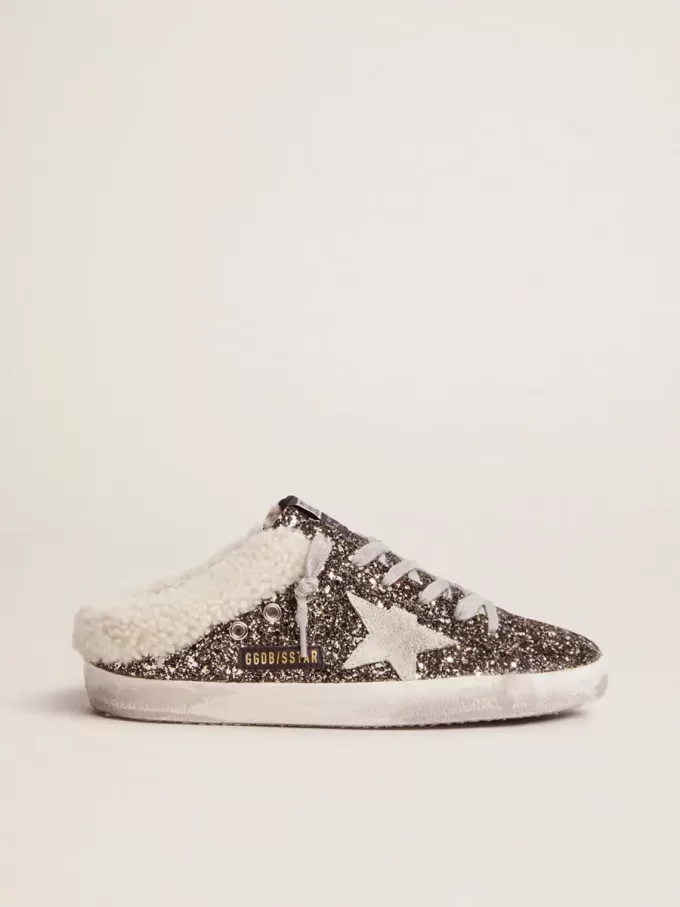 Super-Star Sabot voor dames met glitter en schapenvacht aan de binnenkant