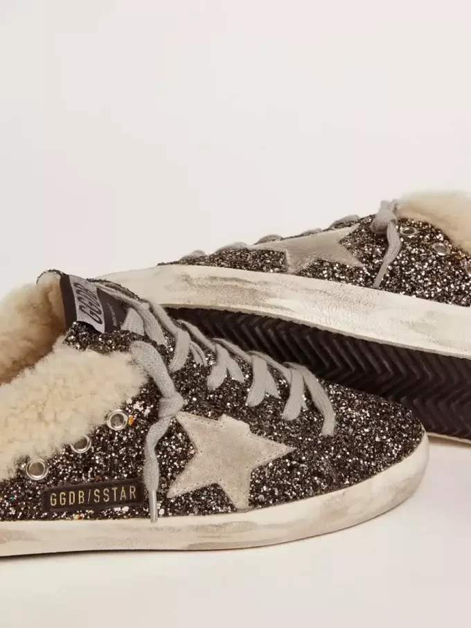 Super-Star Sabot voor dames met glitter en schapenvacht aan de binnenkant