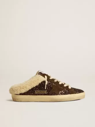 Super-Star Sabots in glitter met bruine ster en schapenvachtvoering