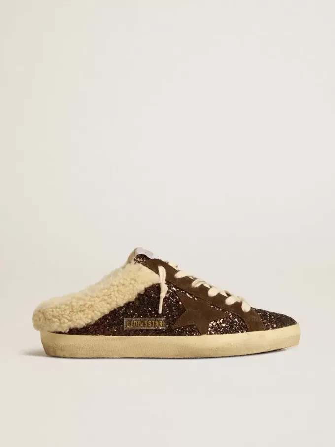 Super-Star Sabots in glitter met bruine ster en schapenvachtvoering