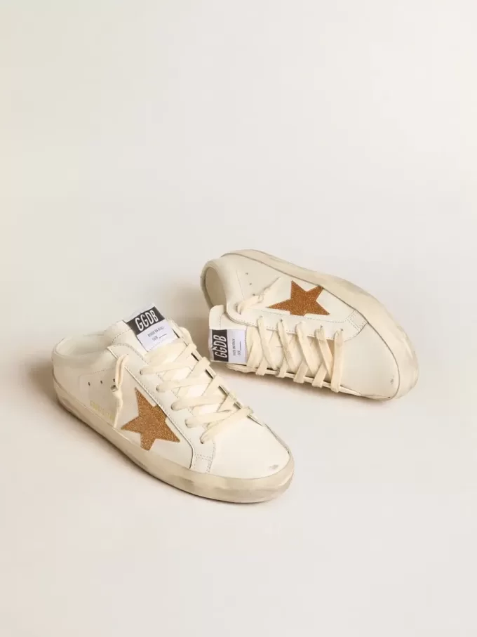 Super-Star Sabots van leer met plastic gouden glitterster