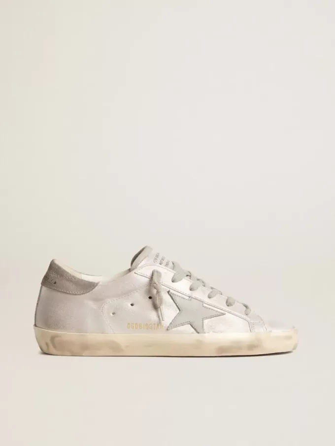 Super-Star sneakers van grijs-wit leer met glittereffect en leren ster