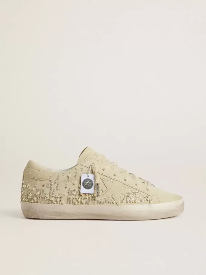 Super-Star voor dames in beige suède met parels en Swarovski-kristallen