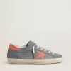 Super Star voor dames in blauw nubuck met roze suède ster en hielstuk