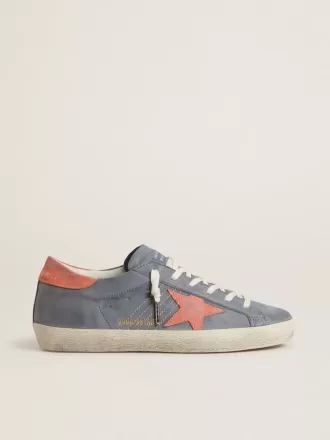 Super Star voor dames in blauw nubuck met roze suède ster en hielstuk