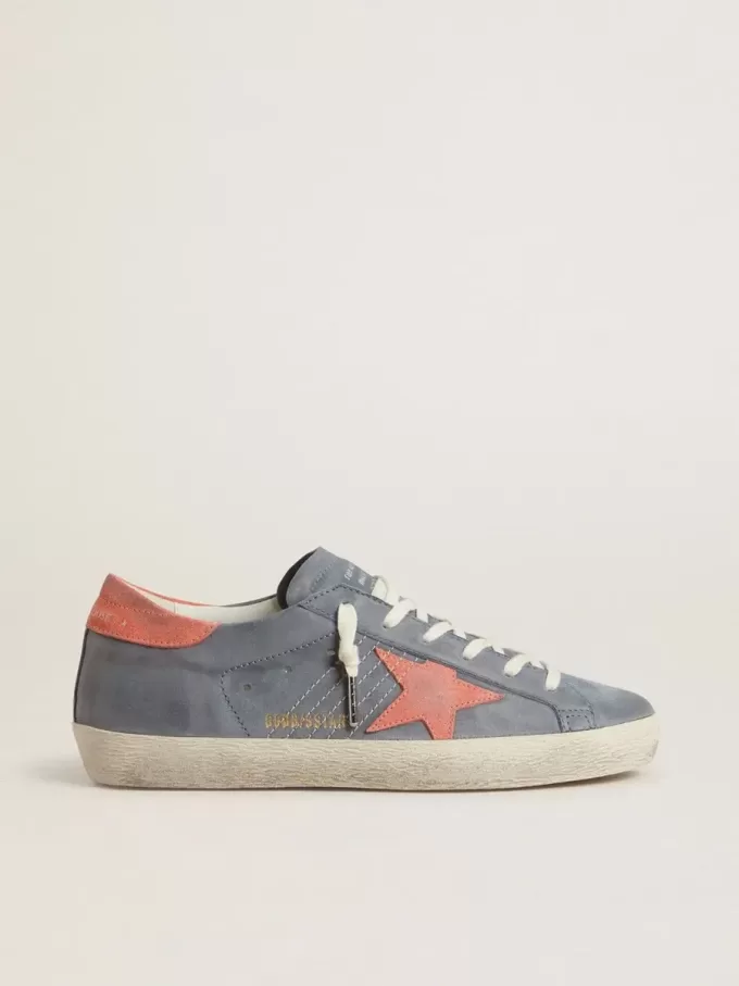 Super Star voor dames in blauw nubuck met roze suède ster en hielstuk
