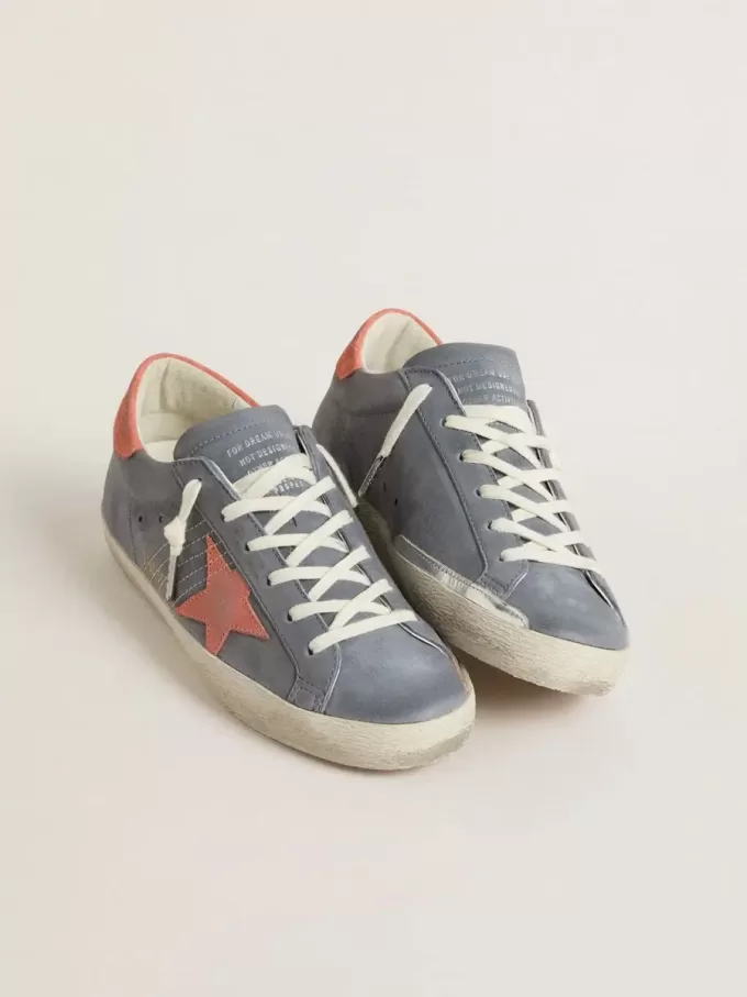 Super Star voor dames in blauw nubuck met roze suède ster en hielstuk