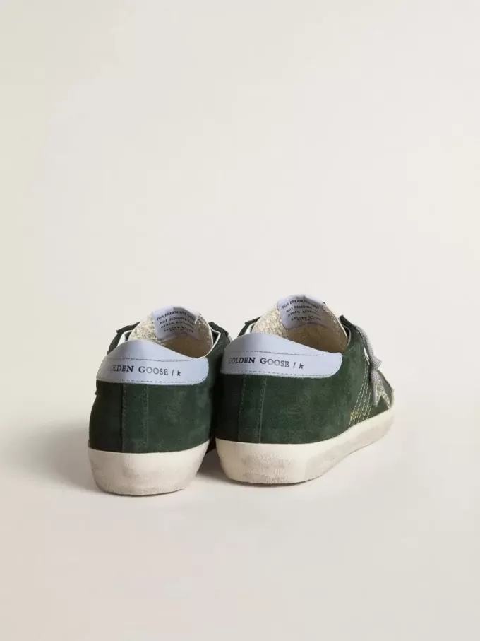 Super-Star voor dames in groen suède, met zilveren glitterster en leren hielstuk