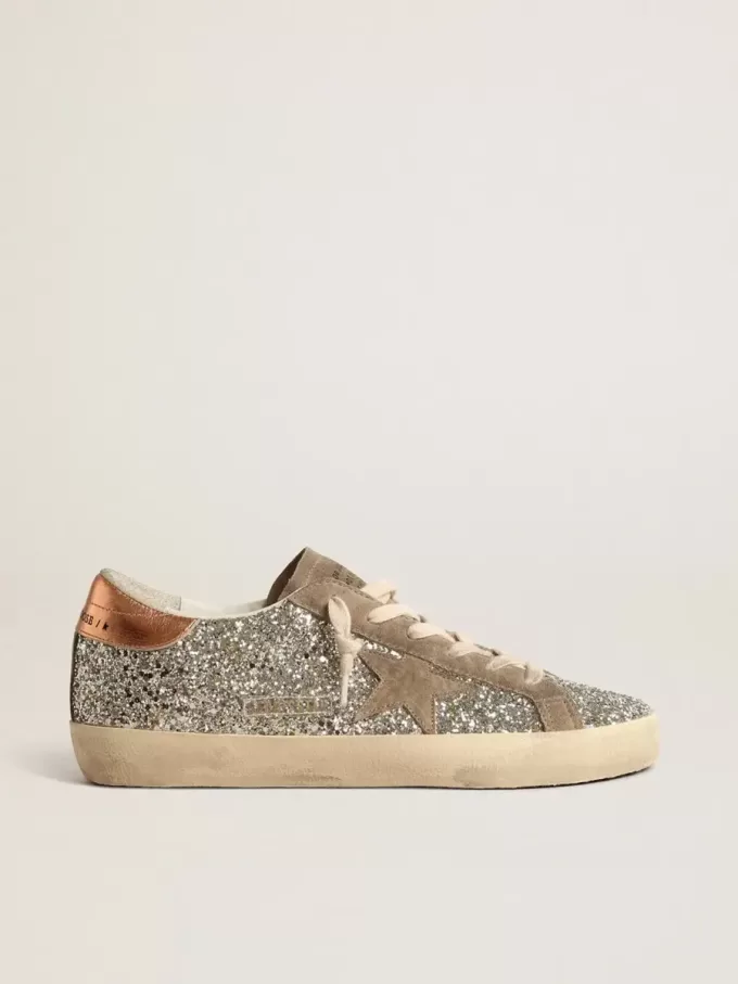 Super-Star voor dames in platina glitter met duifgrijze suède ster