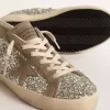Super-Star voor dames in platina glitter met duifgrijze suède ster