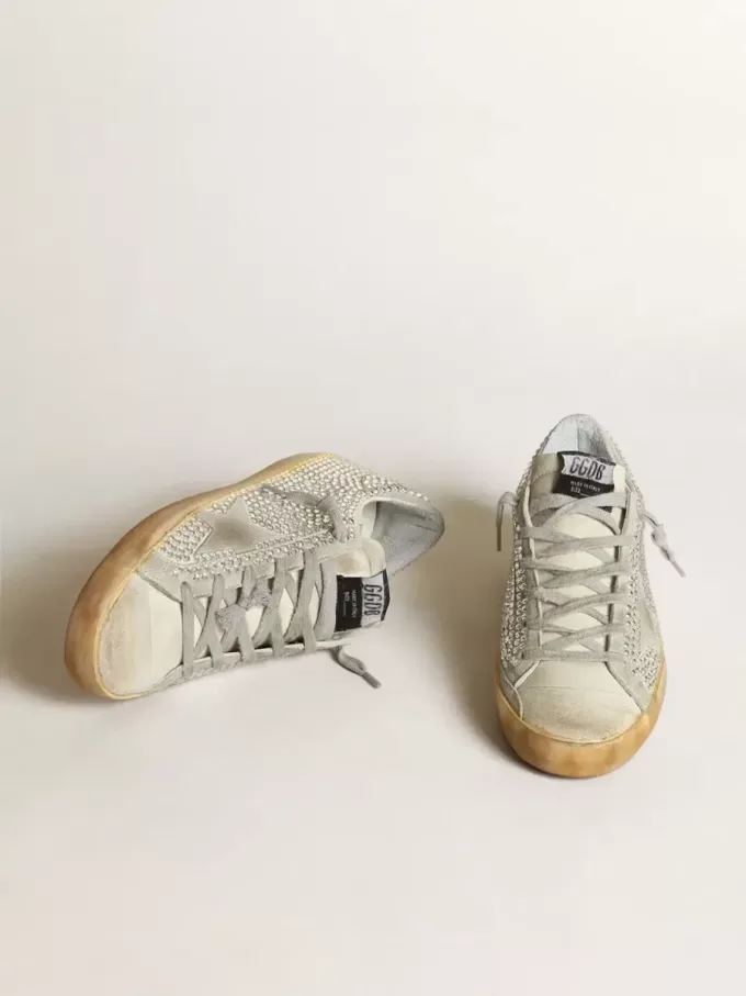 Super-Star voor dames in verouderd wit nubuck met Swarovski-kristallen