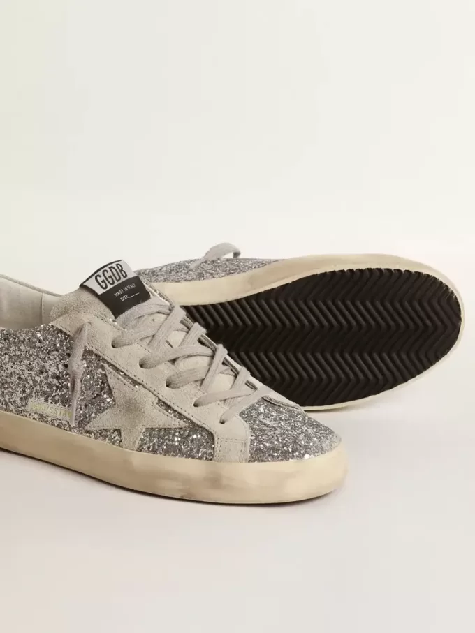 Super-Star voor dames in zilver glitter met ijsgrijze suède ster