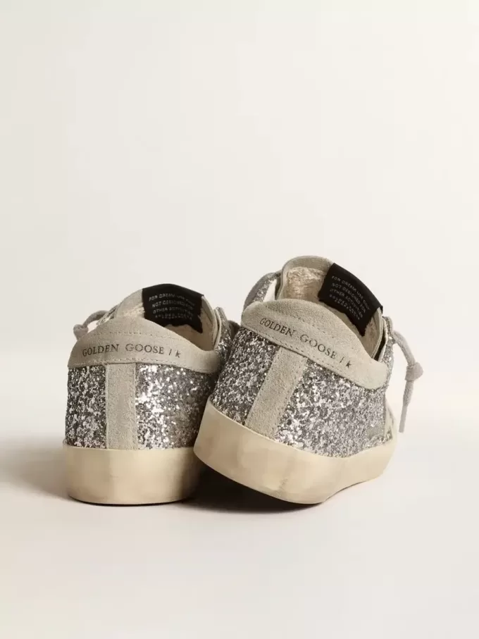 Super-Star voor dames in zilver glitter met ijsgrijze suède ster