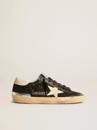 Super-Star voor dames in zwart glitter en nappa met crèmekleurige leren ster en hielstuk