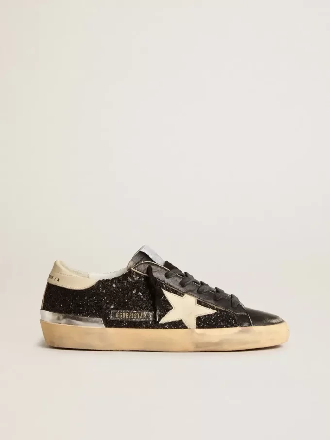 Super-Star voor dames in zwart glitter en nappa met crèmekleurige leren ster en hielstuk