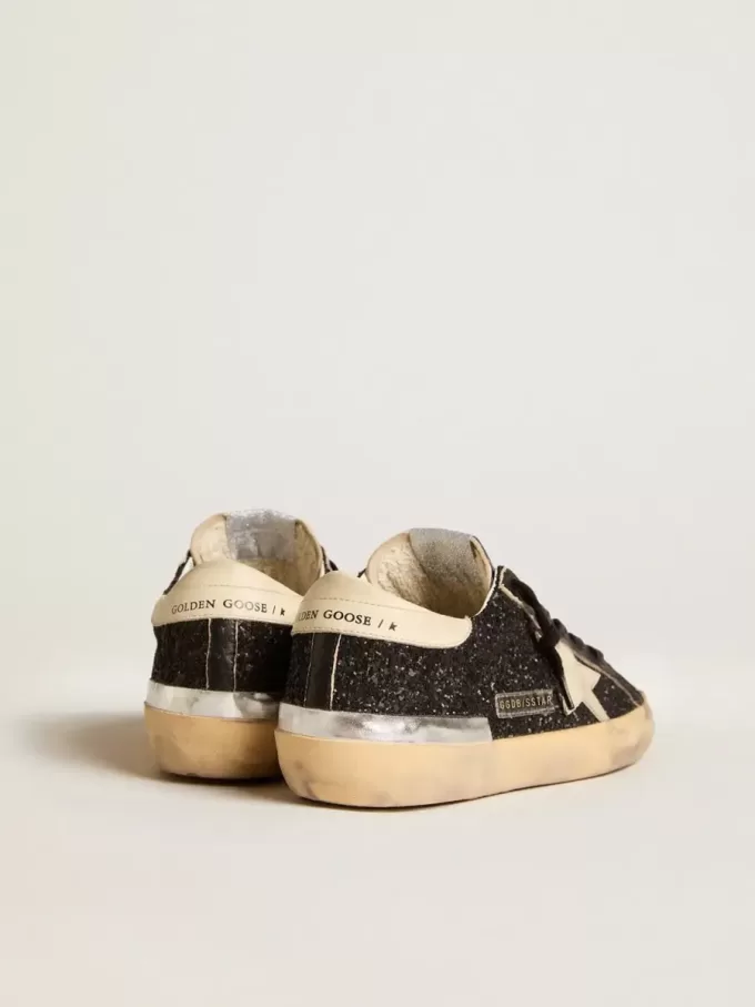 Super-Star voor dames in zwart glitter en nappa met crèmekleurige leren ster en hielstuk