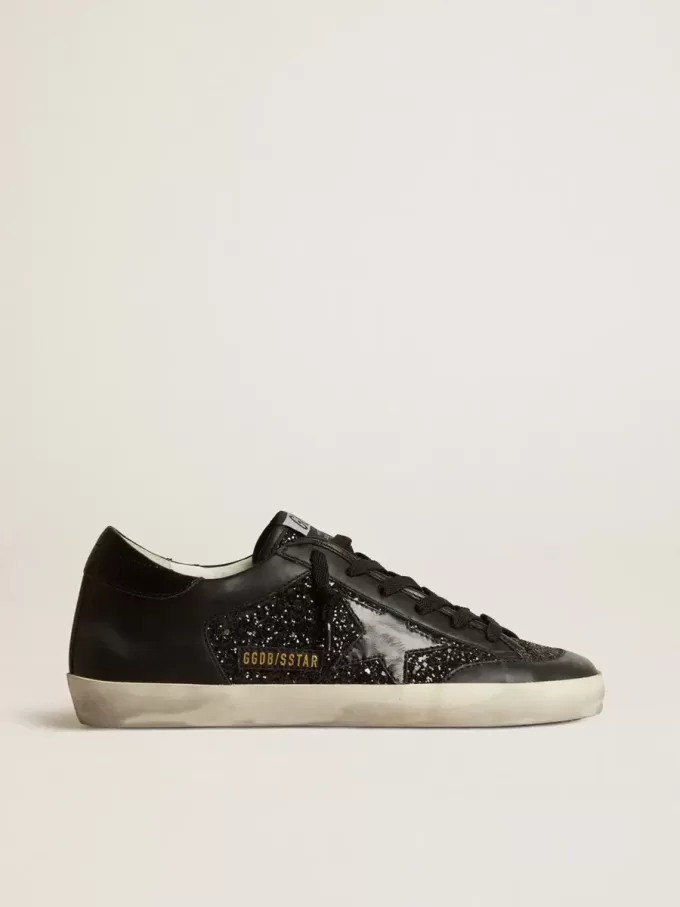 Super-Star voor dames in zwart nappa en glitter met glanzende zwarte leren ster