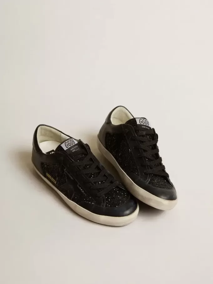 Super-Star voor dames in zwart nappa en glitter met glanzende zwarte leren ster