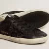 Super-Star voor dames in zwart nappa en glitter met glanzende zwarte leren ster