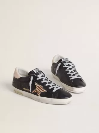Super-Star voor dames in zwart nappaleer met zebraprint ponyhuidster en beige leren hielstuk