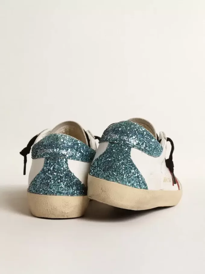 Super-Star voor dames met bordeauxrode suède ster en lichtblauwe glitter hielband
