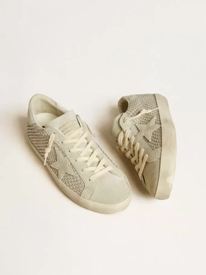 Super-Star voor dames met grijze suède ster en Swarovski-kristallen mesh