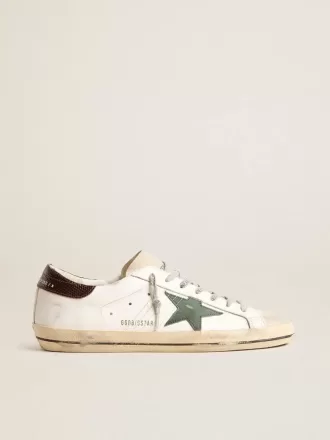 Super-Star voor heren in wit leer met groene ster en haklip met dierenprint