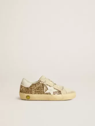Super-Star Young in goudglitter met witte leren ster en hielstuk