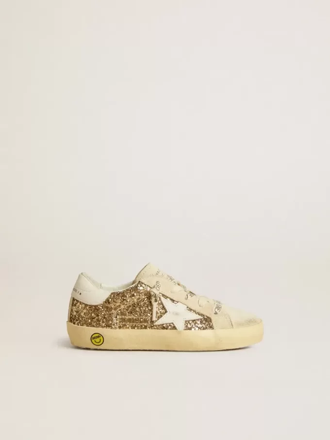 Super-Star Young in goudglitter met witte leren ster en hielstuk