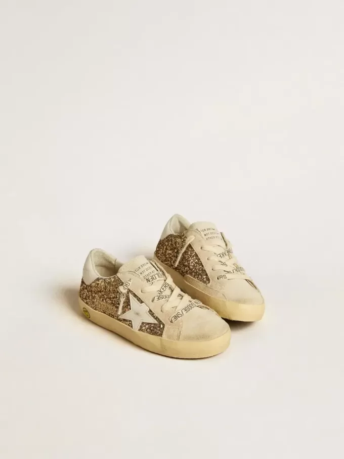 Super-Star Young in goudglitter met witte leren ster en hielstuk